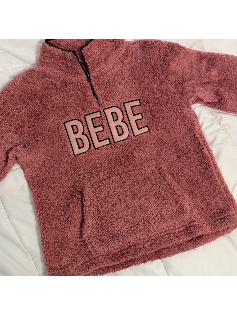 dark rose pink bebe long sleeve fuzzy soft sherpa long sleeve sweater 1/4 zip